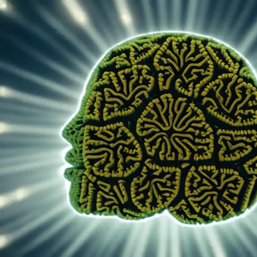 Split-screen image of a human brain with highlighted areas representing motor control, one side normal, the other affected by medical cannabis