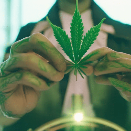 Ze a pair of hands gripping a steering wheel, with one hand holding a green medicinal cannabis leaf, subtly hinting at the hazy neurological connections in the background