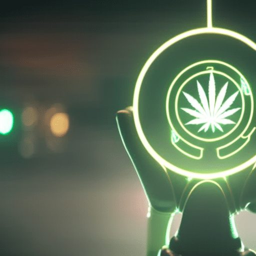 Human silhouette with highlighted brain and hands, a cannabis leaf, and a steering wheel, all interconnected by glowing lines, symbolizing the impact of medical cannabis on motor skills