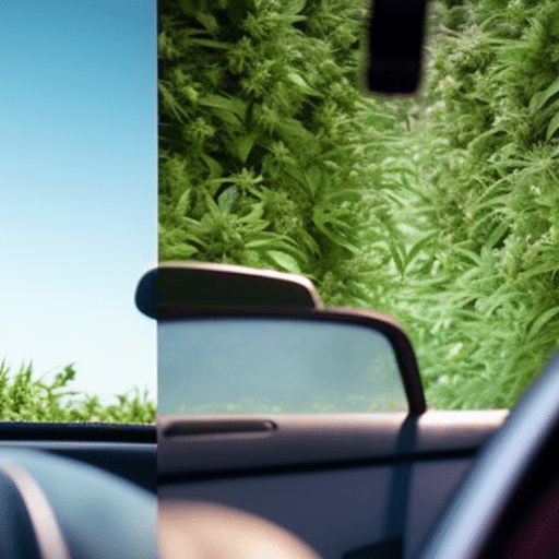 Ate a split image showing two contrasting scenes: one of a driver responsibly using medical cannabis with safety measures in place, and the other showing the potential hazards without these precautions