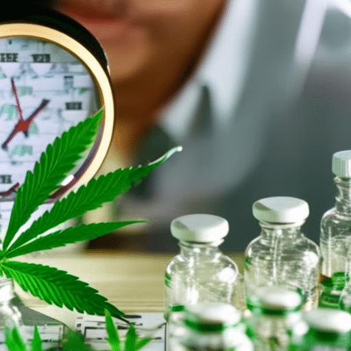 Magnifying glass examining a 2023 calendar, with a cannabis leaf in the background, all surrounded by medicine bottles, a doctor's coat, and a brain diagram