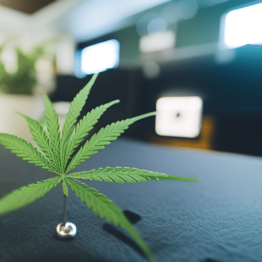 Ce setting in Maryland with diverse employees, a cannabis plant subtly incorporated, symbols of policy creation (like a gavel), and a medical emblem